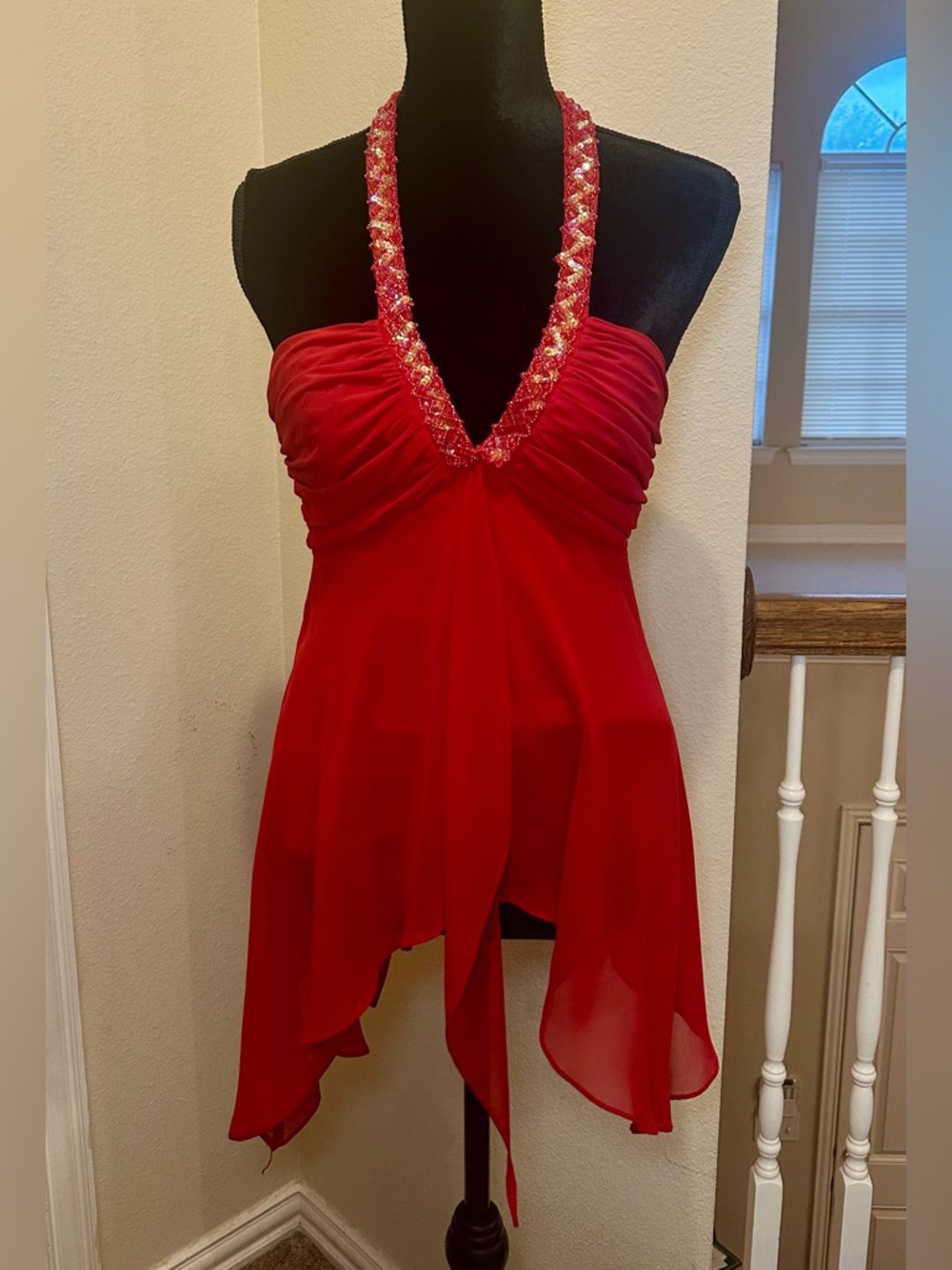 Vintage Y2K Red Beaded Halter Chiffon Top Fairycore Size 6 - Picture 3 of 11
